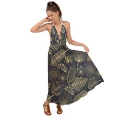 Elegant Pattern With Golden Tropical Leaves Backless Maxi Beach Dress