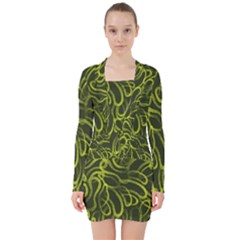 Green abstract stippled repetitive fashion seamless pattern V-neck Bodycon Long Sleeve Dress