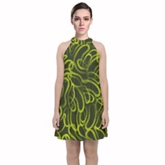 Green abstract stippled repetitive fashion seamless pattern Velvet Halter Neckline Dress 