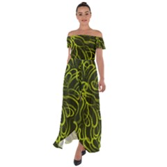 Green abstract stippled repetitive fashion seamless pattern Off Shoulder Open Front Chiffon Dress