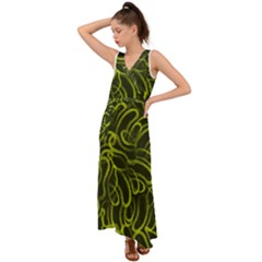 Green abstract stippled repetitive fashion seamless pattern V-Neck Chiffon Maxi Dress