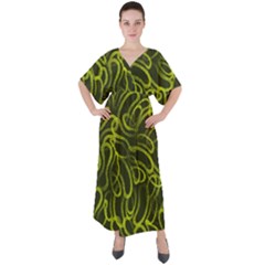 Green abstract stippled repetitive fashion seamless pattern V-Neck Boho Style Maxi Dress