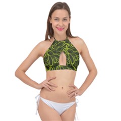 Green Abstract Stippled Repetitive Fashion Seamless Pattern Cross Front Halter Bikini Top