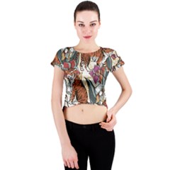 Natural seamless pattern with tiger blooming orchid Crew Neck Crop Top