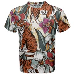 Natural seamless pattern with tiger blooming orchid Men s Cotton Tee