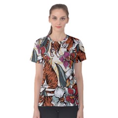 Natural seamless pattern with tiger blooming orchid Women s Cotton Tee