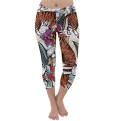 Natural seamless pattern with tiger blooming orchid Capri Winter Leggings 