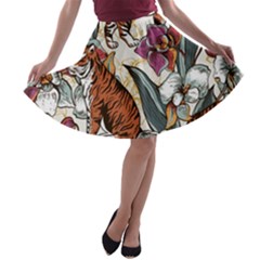 Natural seamless pattern with tiger blooming orchid A-line Skater Skirt