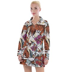 Natural seamless pattern with tiger blooming orchid Women s Long Sleeve Casual Dress