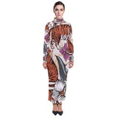 Natural seamless pattern with tiger blooming orchid Turtleneck Maxi Dress