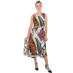 Natural seamless pattern with tiger blooming orchid Midi Tie-Back Chiffon Dress