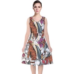 Natural seamless pattern with tiger blooming orchid V-Neck Midi Sleeveless Dress 