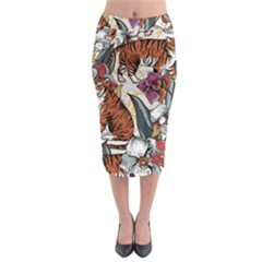 Natural seamless pattern with tiger blooming orchid Midi Pencil Skirt