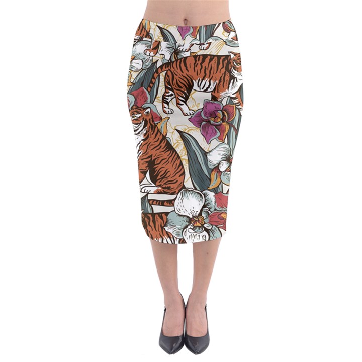 Natural seamless pattern with tiger blooming orchid Midi Pencil Skirt