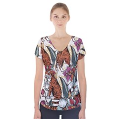 Natural seamless pattern with tiger blooming orchid Short Sleeve Front Detail Top