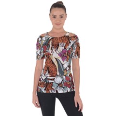 Natural seamless pattern with tiger blooming orchid Shoulder Cut Out Short Sleeve Top