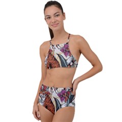 Natural seamless pattern with tiger blooming orchid High Waist Tankini Set