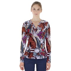 Natural seamless pattern with tiger blooming orchid V-Neck Long Sleeve Top