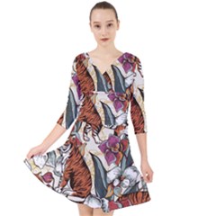 Natural seamless pattern with tiger blooming orchid Quarter Sleeve Front Wrap Dress