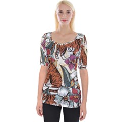 Natural seamless pattern with tiger blooming orchid Wide Neckline Tee