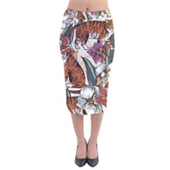 Natural Seamless Pattern With Tiger Blooming Orchid Velvet Midi Pencil Skirt