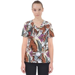 Natural seamless pattern with tiger blooming orchid Women s V-Neck Scrub Top