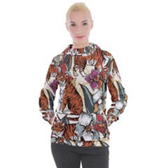 Natural seamless pattern with tiger blooming orchid Women s Hooded Pullover