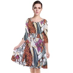 Natural seamless pattern with tiger blooming orchid Quarter Sleeve Waist Band Dress