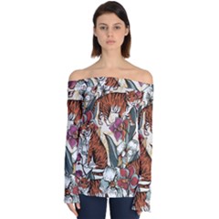 Natural seamless pattern with tiger blooming orchid Off Shoulder Long Sleeve Top