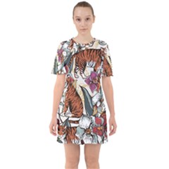 Natural seamless pattern with tiger blooming orchid Sixties Short Sleeve Mini Dress