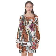 Natural seamless pattern with tiger blooming orchid Long Sleeve Chiffon Shift Dress 