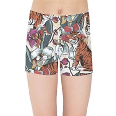 Natural seamless pattern with tiger blooming orchid Kids  Sports Shorts