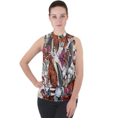 Natural seamless pattern with tiger blooming orchid Mock Neck Chiffon Sleeveless Top