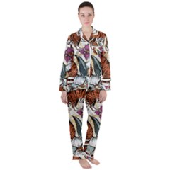 Natural seamless pattern with tiger blooming orchid Satin Long Sleeve Pyjamas Set