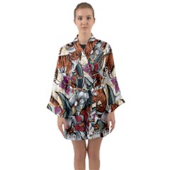 Natural seamless pattern with tiger blooming orchid Long Sleeve Satin Kimono
