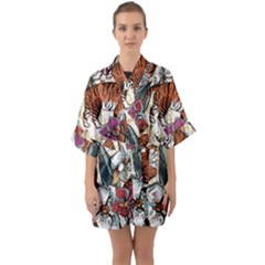 Natural seamless pattern with tiger blooming orchid Half Sleeve Satin Kimono 