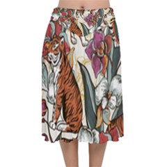 Natural seamless pattern with tiger blooming orchid Velvet Flared Midi Skirt