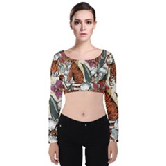 Natural Seamless Pattern With Tiger Blooming Orchid Velvet Long Sleeve Crop Top