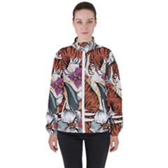 Natural seamless pattern with tiger blooming orchid Women s High Neck Windbreaker