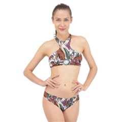 Natural seamless pattern with tiger blooming orchid High Neck Bikini Set
