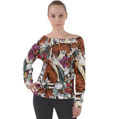 Natural seamless pattern with tiger blooming orchid Off Shoulder Long Sleeve Velour Top