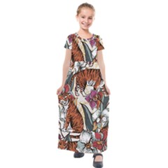 Natural seamless pattern with tiger blooming orchid Kids  Short Sleeve Maxi Dress