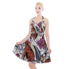 Natural seamless pattern with tiger blooming orchid Halter Party Swing Dress 