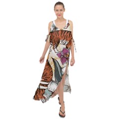 Natural seamless pattern with tiger blooming orchid Maxi Chiffon Cover Up Dress