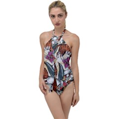 Natural seamless pattern with tiger blooming orchid Go with the Flow One Piece Swimsuit