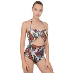 Natural seamless pattern with tiger blooming orchid Scallop Top Cut Out Swimsuit