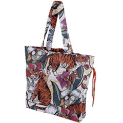 Natural seamless pattern with tiger blooming orchid Drawstring Tote Bag