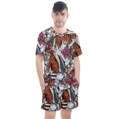 Natural seamless pattern with tiger blooming orchid Men s Mesh Tee and Shorts Set