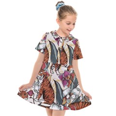 Natural seamless pattern with tiger blooming orchid Kids  Short Sleeve Shirt Dress