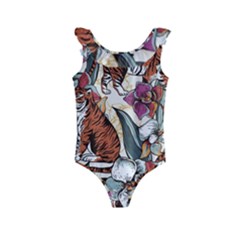 Natural seamless pattern with tiger blooming orchid Kids  Frill Swimsuit